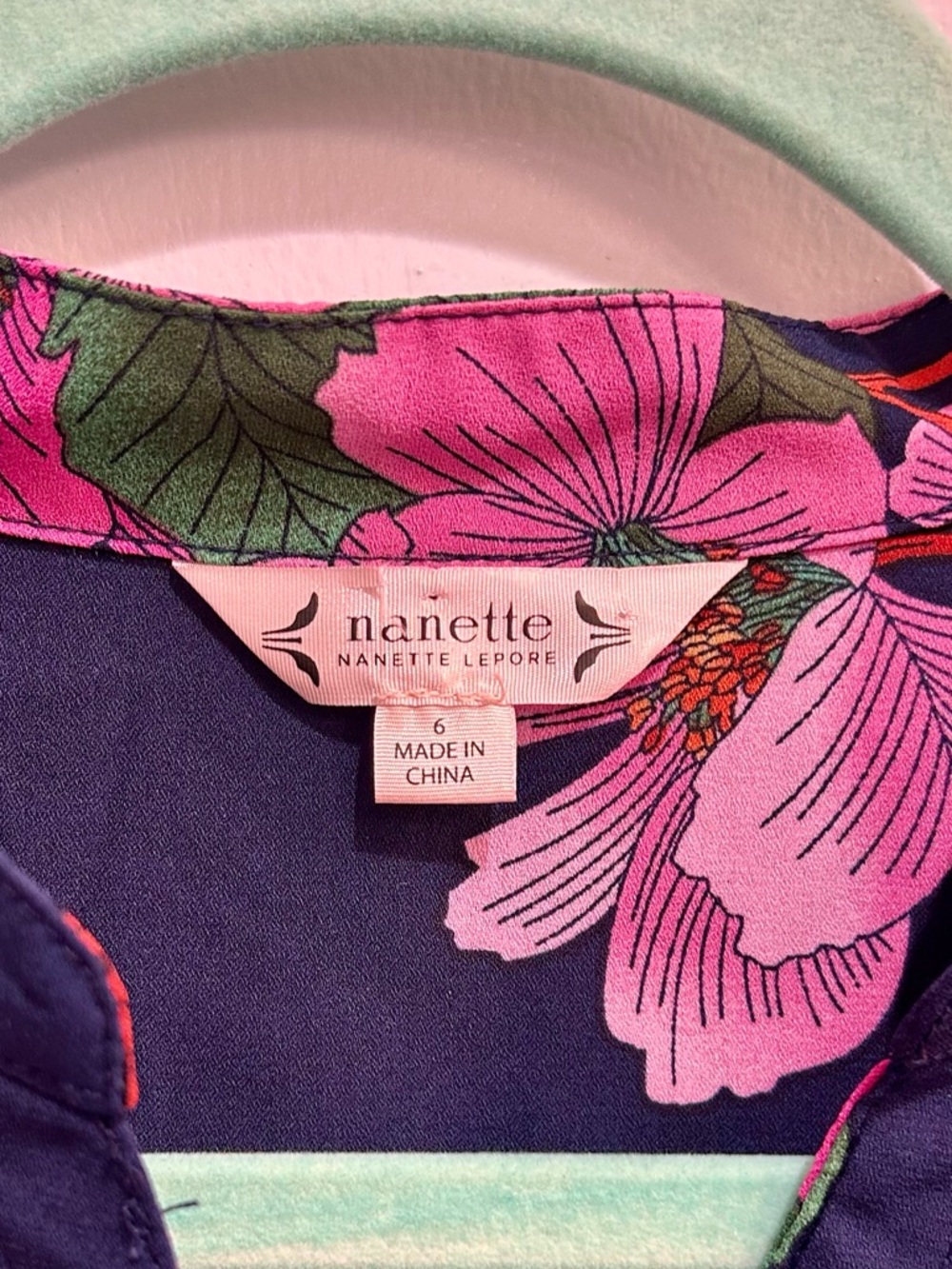 Nanette Lepore Floral Shirtdress Midi Navy Fuchsia Pink Pleated Front Size 6 - Picture 4 of 10